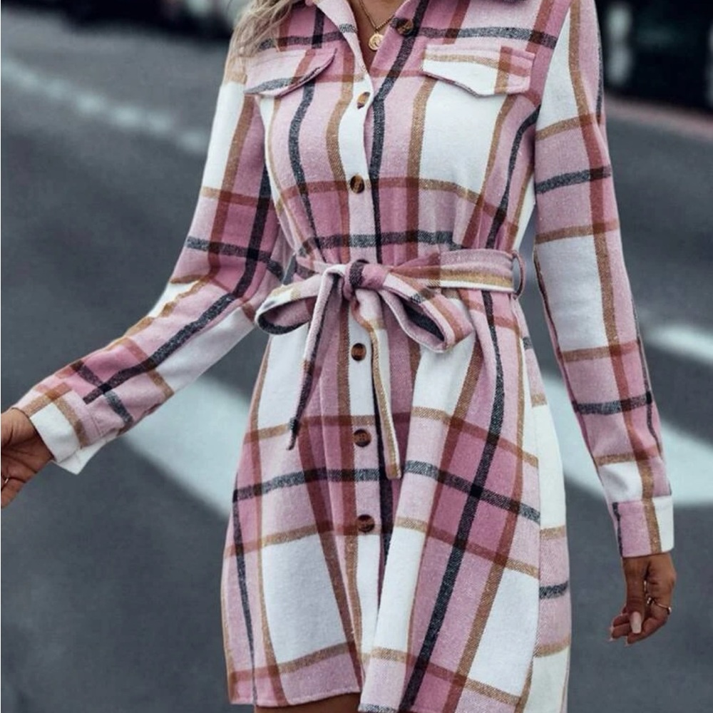 Plaid belted shirt dress
